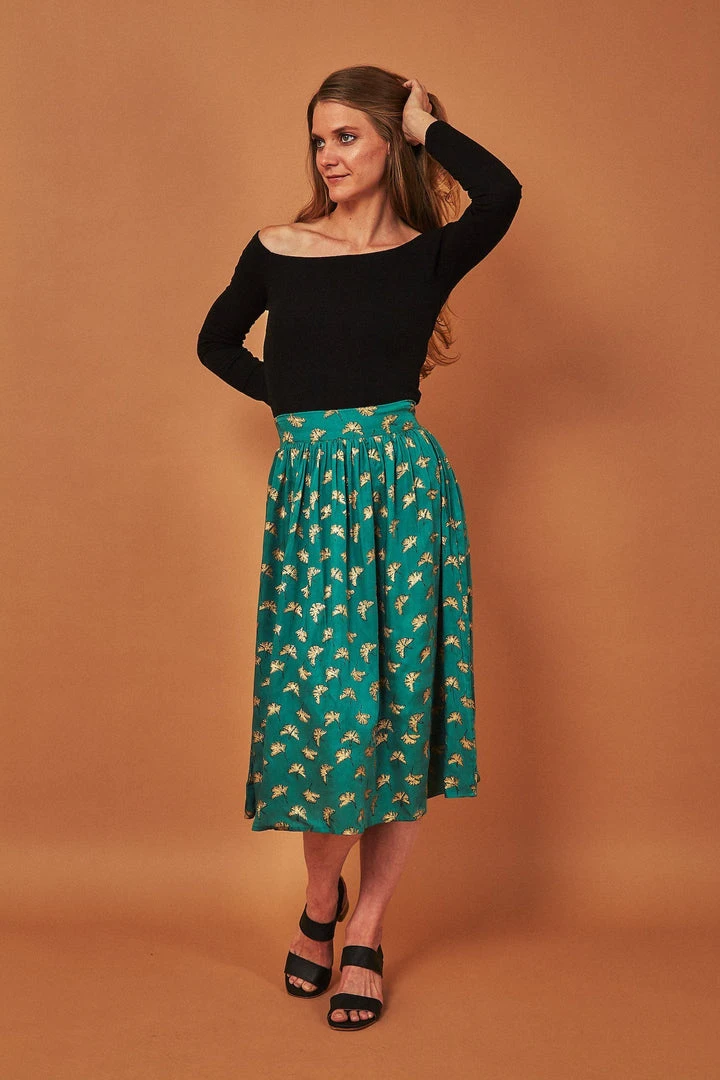 Symbology Best Sellers Gingko Leaf Midi Skirt - Green + Gold Symbology Best Sellers Gingko Leaf Midi Skirt - Green + Gold