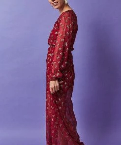 Symbology Sale Ginkgo Leaf Maxi Button Down Dress In Magenta + Gold