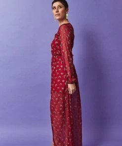 Symbology Sale Ginkgo Leaf Maxi Button Down Dress In Magenta + Gold