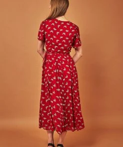 Symbology Ginkgo Leaf Midi Wrap Dress - Red + Silver