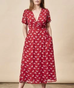 Symbology Ginkgo Leaf Midi Wrap Dress - Red + Silver