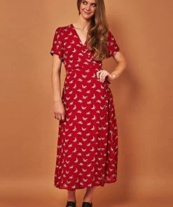 Symbology Ginkgo Leaf Midi Wrap Dress - Red + Silver