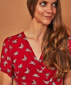 Symbology Ginkgo Leaf Midi Wrap Dress - Red + Silver