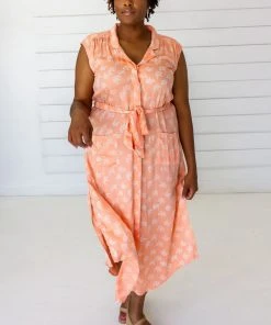 Symbology Ginkgo Leaf Modal Shirtdress - Peach + Cream
