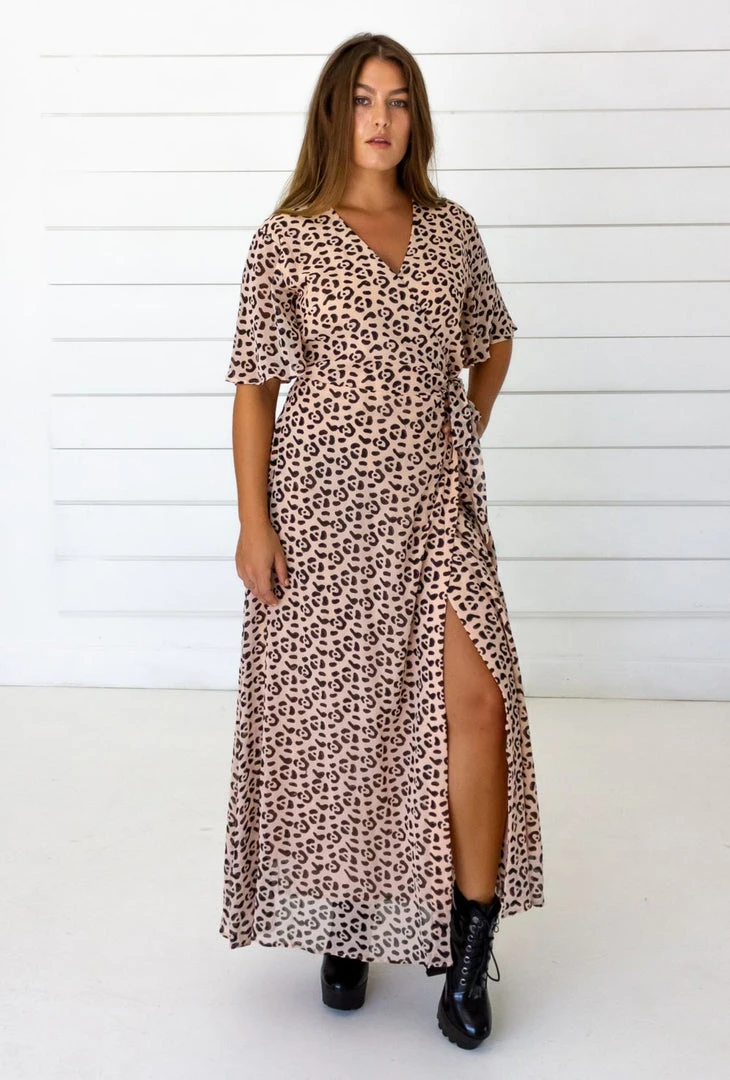 Symbology Special Occasion Leopard Maxi Wrap Dress - Blush + Black Symbology Special Occasion Leopard Maxi Wrap Dress - Blush + Black
