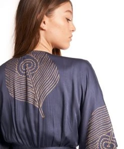 Symbology Best Sellers Peacock Feather Modal Wrap Dress - Navy + Gold