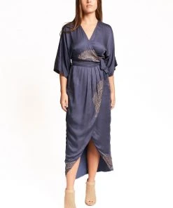 Symbology Best Sellers Peacock Feather Modal Wrap Dress - Navy + Gold