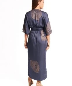 Symbology Best Sellers Peacock Feather Modal Wrap Dress - Navy + Gold