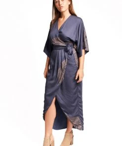 Symbology Best Sellers Peacock Feather Modal Wrap Dress - Navy + Gold