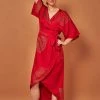 Symbology Best Sellers Peacock Feather Modal Wrap Dress - Lipstick Red + Gold