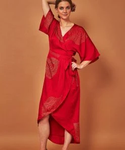 Symbology Best Sellers Peacock Feather Modal Wrap Dress - Lipstick Red + Gold