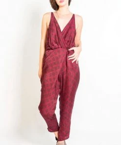 Symbology Special Occasion Silky Strappy Sketched Plaid Jumpsuit - Berry + Black