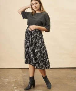 Symbology Sale Stylized Feather Modal Midi Skirt - Black + Cream