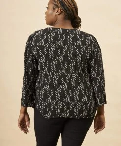 Symbology Stylized Feather Tie Knot Blouse - Black + Cream Clothing