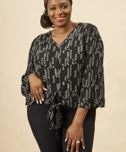 Symbology Stylized Feather Tie Knot Blouse - Black + Cream Clothing