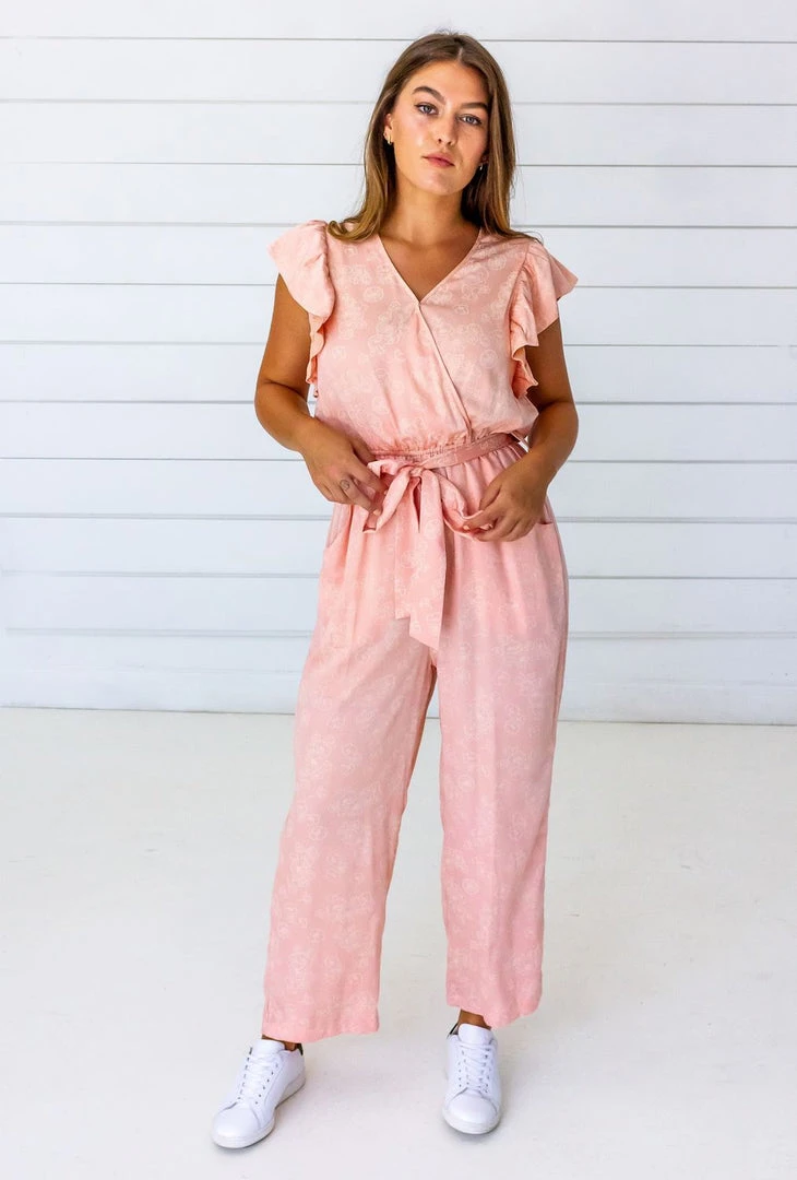 Symbology Tattoo Floral Modal Ruffle Jumpsuit - Blush + Cream Symbology Tattoo Floral Modal Ruffle Jumpsuit - Blush + Cream