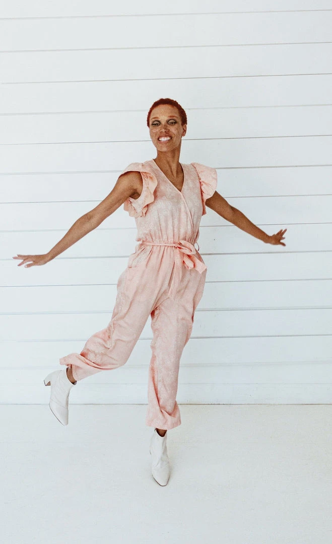 Symbology Tattoo Floral Modal Ruffle Jumpsuit - Blush + Cream Symbology Tattoo Floral Modal Ruffle Jumpsuit - Blush + Cream