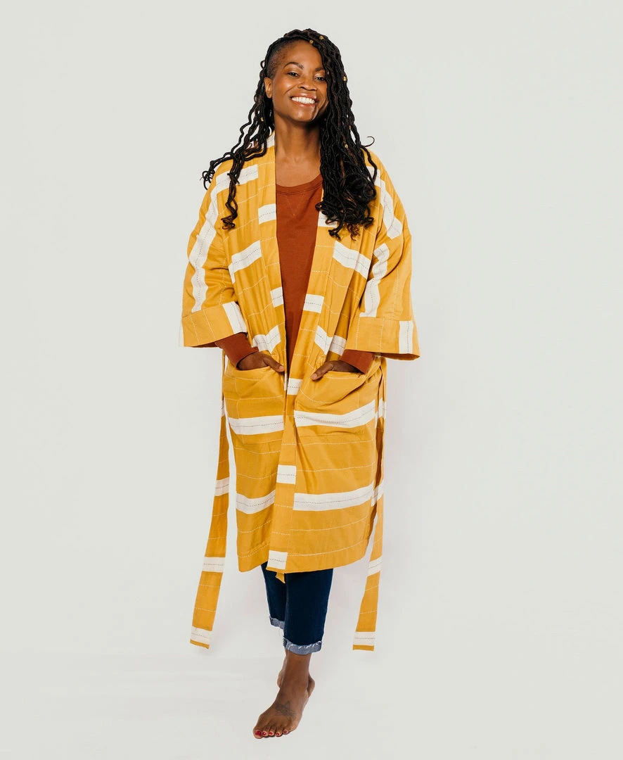 Anchal Home Goods Stripe Unisex Robe - Mustard Anchal Home Goods Stripe Unisex Robe - Mustard