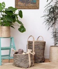 Will & Atlas Home Goods Large Jute Basket - Charcoal Stripe