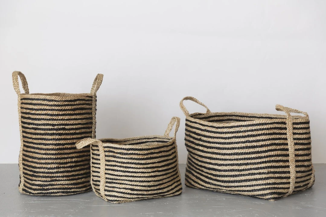 Will & Atlas Home Goods Small Jute Basket - Charcoal Stripe 3 Will & Atlas Home Goods Small Jute Basket - Charcoal Stripe