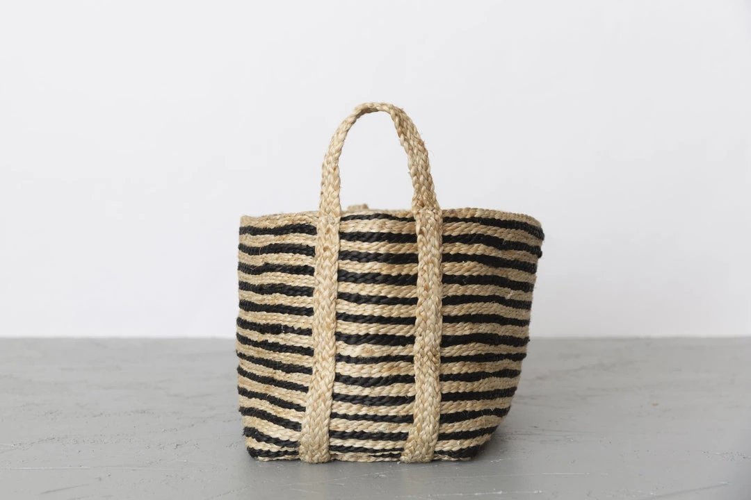 Will & Atlas Home Goods Small Jute Basket - Charcoal Stripe 1 Will & Atlas Home Goods Small Jute Basket - Charcoal Stripe