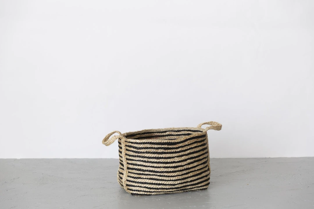 Will & Atlas Home Goods Small Jute Basket - Charcoal Stripe 2 Will & Atlas Home Goods Small Jute Basket - Charcoal Stripe