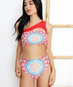 Wolven Reversible One Shoulder Recycled Swimsuit Top - Santorini