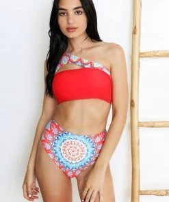 Wolven Reversible One Shoulder Recycled Swimsuit Top - Santorini 3 Wolven Reversible One Shoulder Recycled Swimsuit Top - Santorini